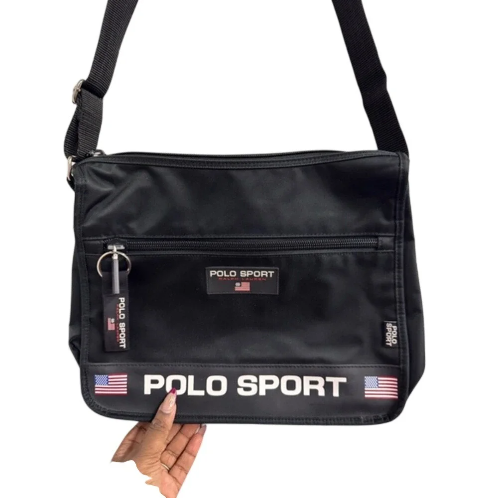 Polo Sport Ralph Lauren Black Nylon Messenger Crossbody Bag American Flag